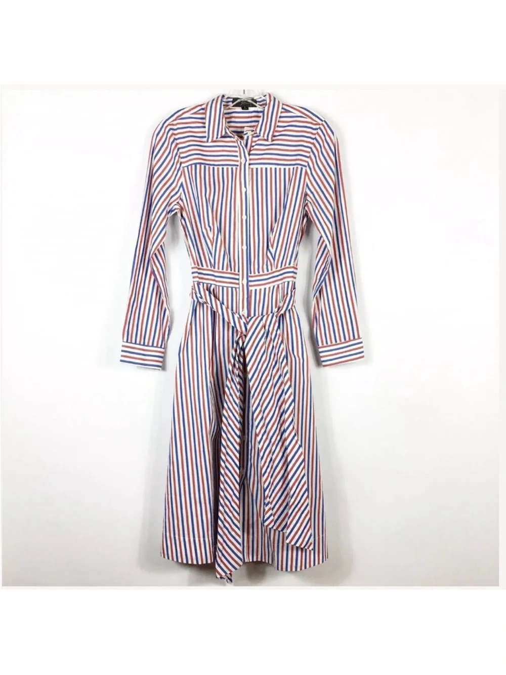 J.Crew Plus 18 Midi Shirt Dress Red White Blue Cotton Belted Button Front chic
